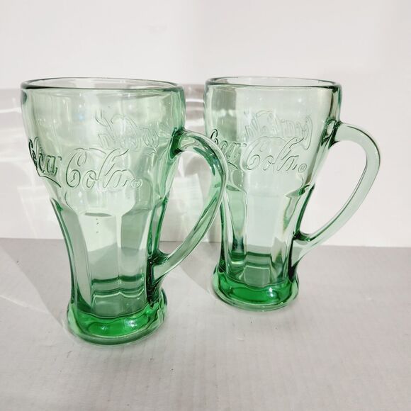 Libbey Coca Cola Mug Drinking Glass Handle Green Glass Vtg Embossed Design Retro - Picture 10 of 12